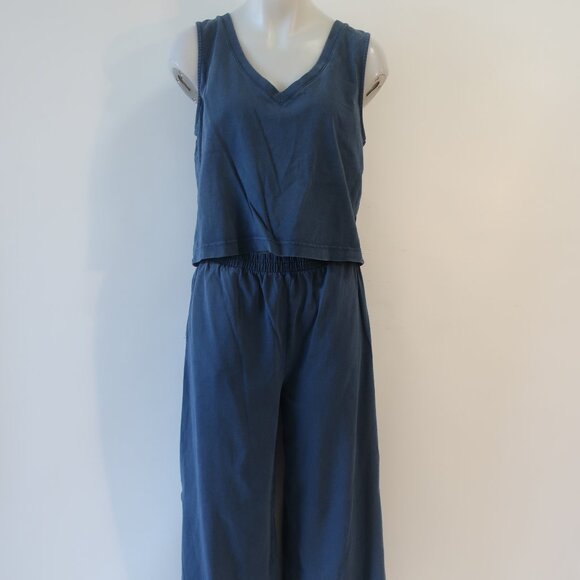 Women Z Supply Teal 2Pc Lounge Set Cotton V-Neck Top Pull-On Flared Crop Pants M - Picture 6 of 13